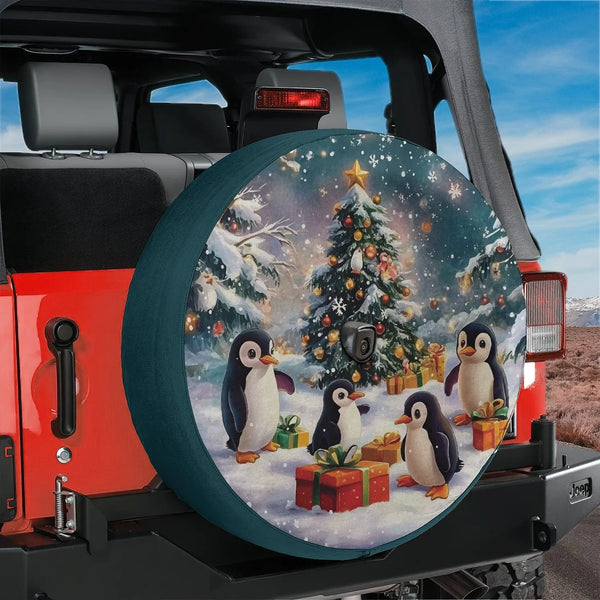 Winter Holiday Present Giving Penguins Tire Cover, Penguin Christmas Spare Tire Cover, Festive Xmas Tree Decor for Jeep SUV T