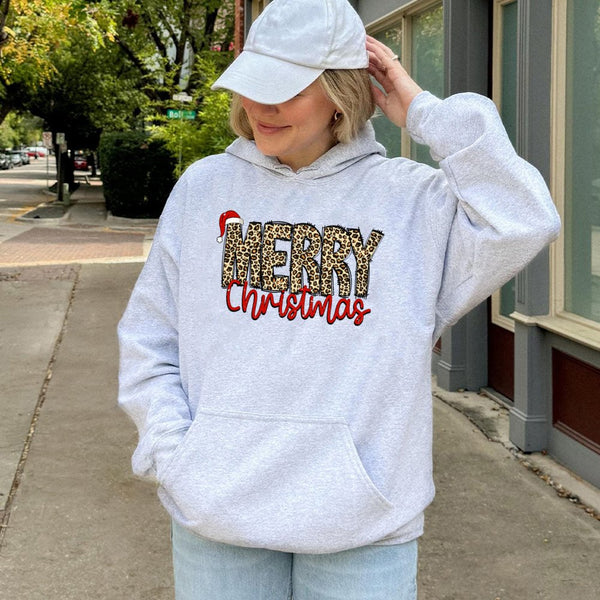 Leopard Print Holiday Sweatshirt, Merry Christmas Hoodie, Adorable Festive Winter Pullover, Comfy Xmas Aesthetic Hooded Sweat