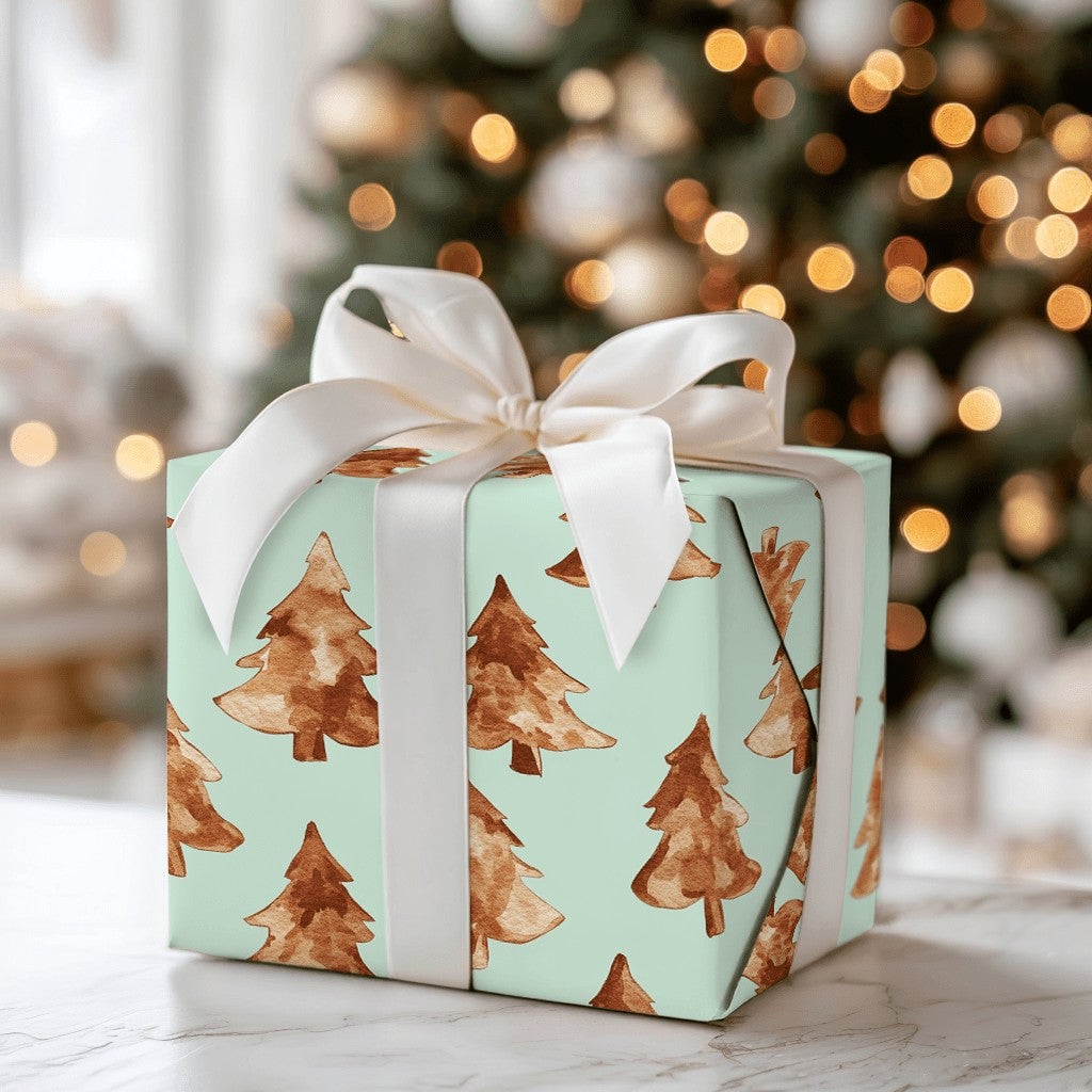Rustic Pine Tree Gift Wrap Roll, Watercolor Christmas Tree Wrapping Paper, Mint Green Holiday Present Paper, Minimalist Winte