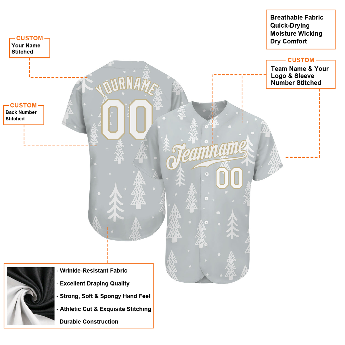 Snowy Pine Tree Pattern Jersey, Custom Christmas Baseball Jersey, Stitched Holiday Winter Jersey Shirt, Personalized Baseball