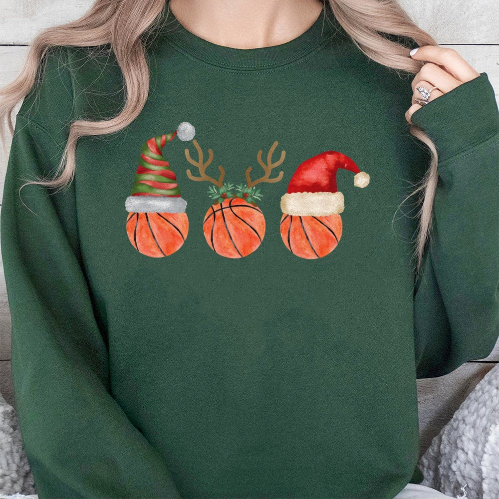Santa Hat Reindeer Graphic Crewneck, Basketball Christmas Sweatshirt, Holiday Sports Pullover, Basketball Player Sweatshirt, 