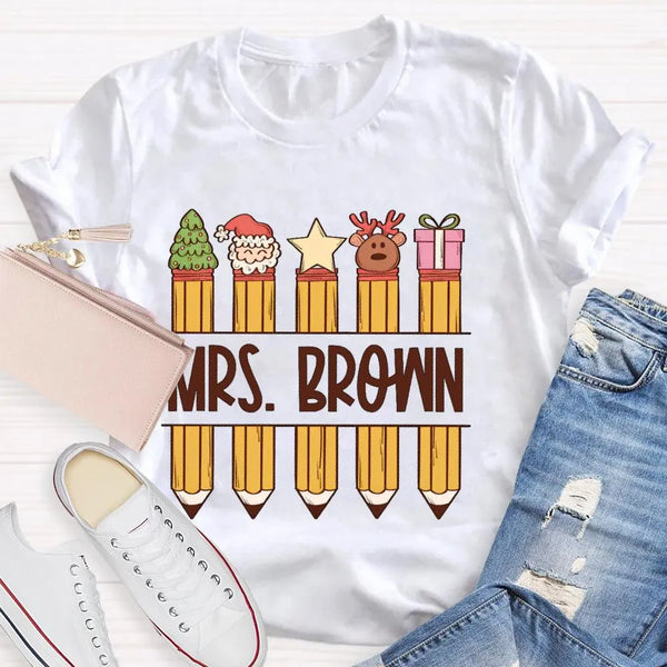 Custom Name Holiday Graphic Tee, Personalized Christmas Pencil Shirt, Adorable Teacher Christmas T-Shirt, Back to School Xmas