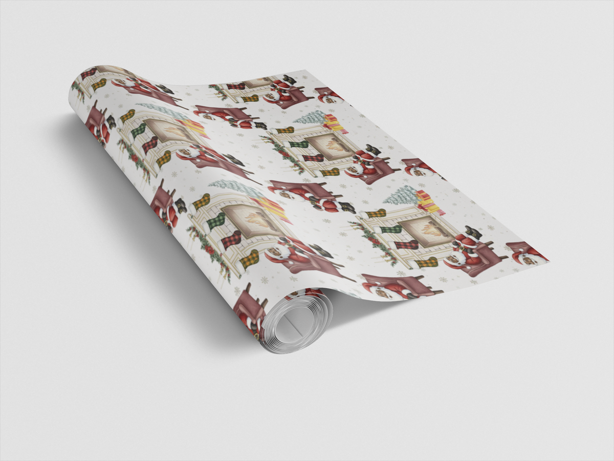 Comfy Christmas Wrapping Paper, Fireside Santa Wrapping Paper, Plaid Santa Holiday Gift Wrap Roll, Classic Winter Present Wra