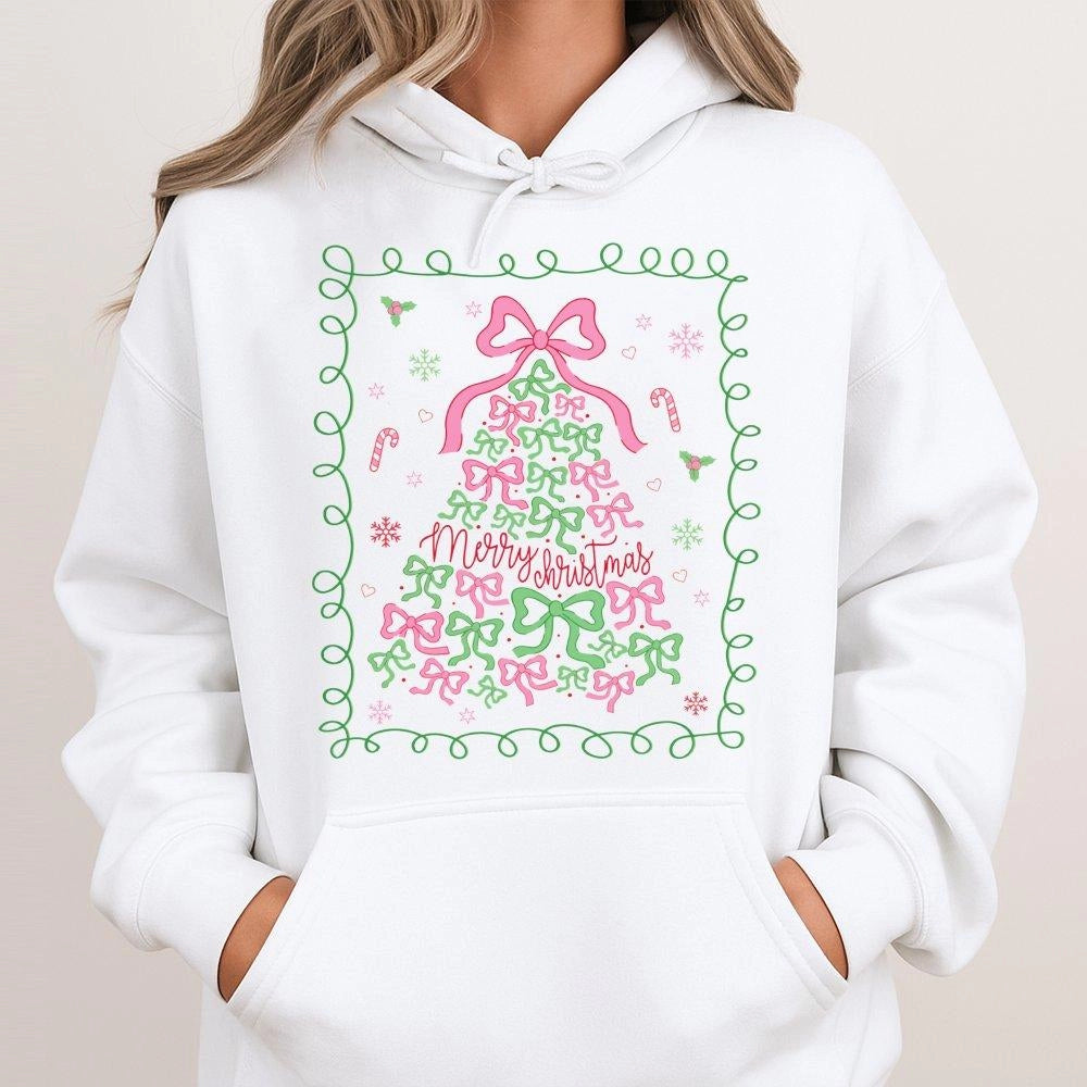 Pink Bow Aesthetic Winter Hoodie, Coquette Christmas Tree Hoodie, Merry Christmas Hooded Pullover, Adorable Holiday Girls Gra