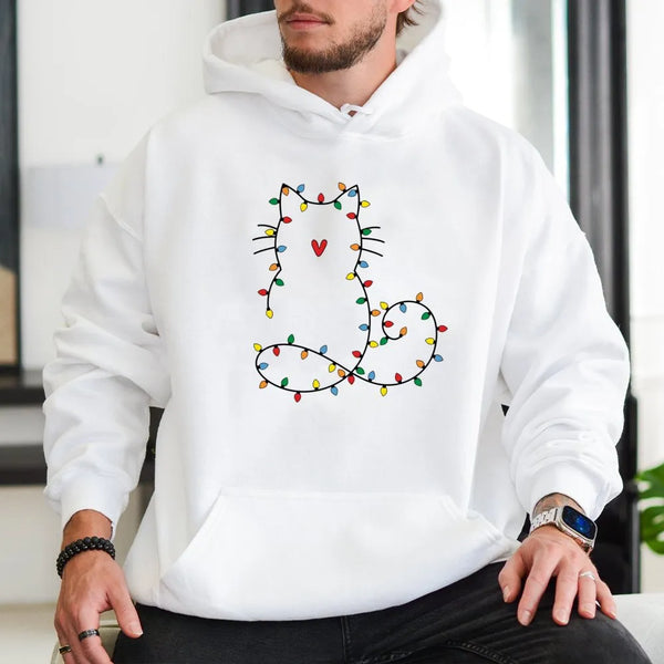 Fairy Lights Kitty Sweatshirt, Cat Christmas Hoodie, Adorable Cat Holiday Hooded Pullover, Festive Kitten Christmas Hoodie, P