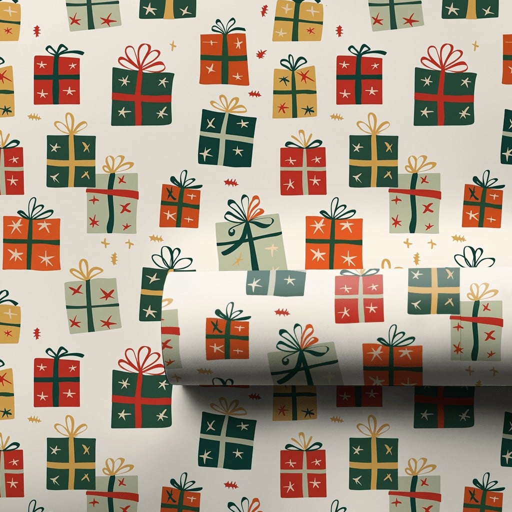 Whimsical Gift Box Wrap, Colorful Present Wrapping Paper, Retro Christmas Boxes Wrapping Paper, Festive Winter Holiday Wrappi