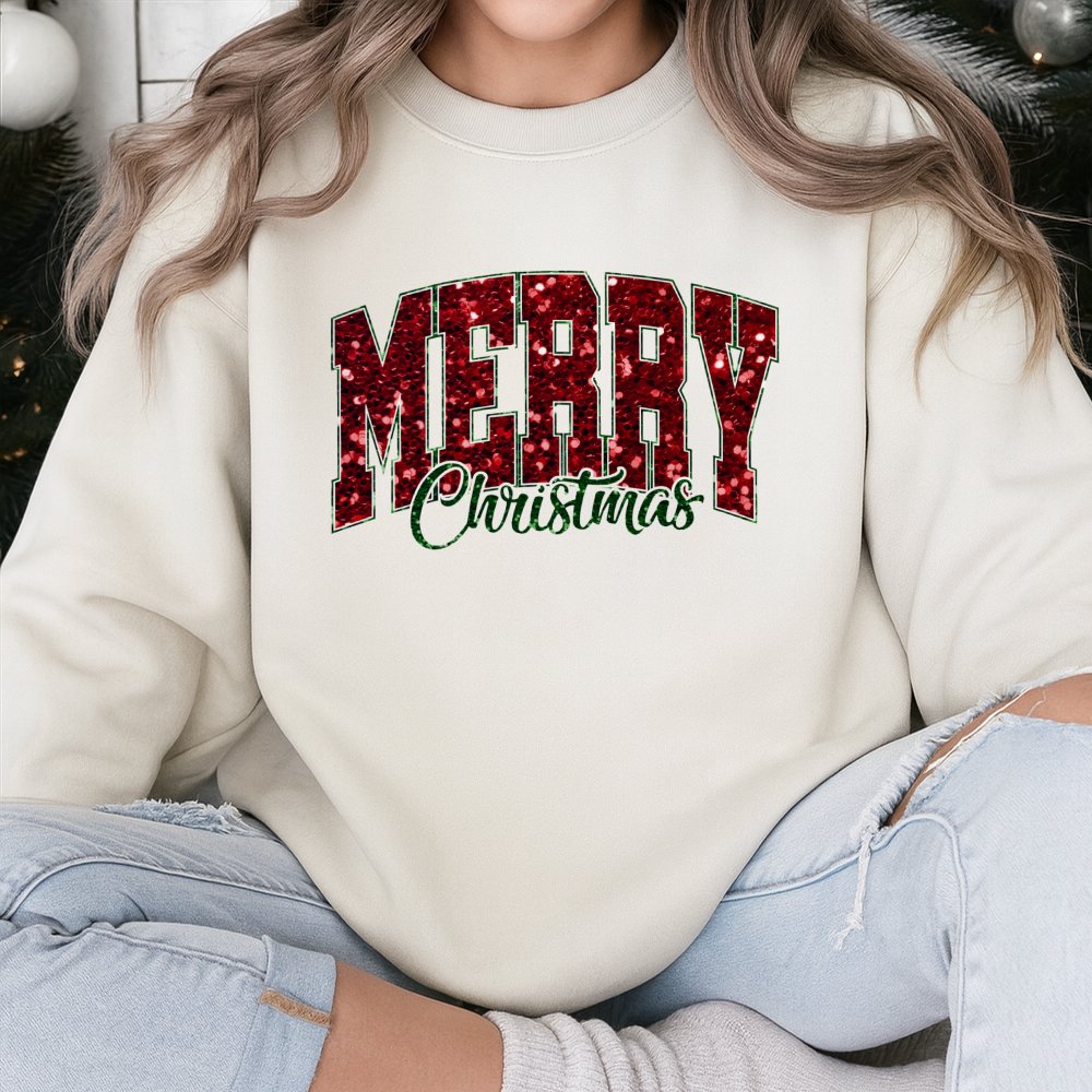 Varsity Lettering Holiday Crewneck, Red Glitter Merry Christmas Sweatshirt, Retro Christmas Sweater, Comfy Pullover, Xmas Pre