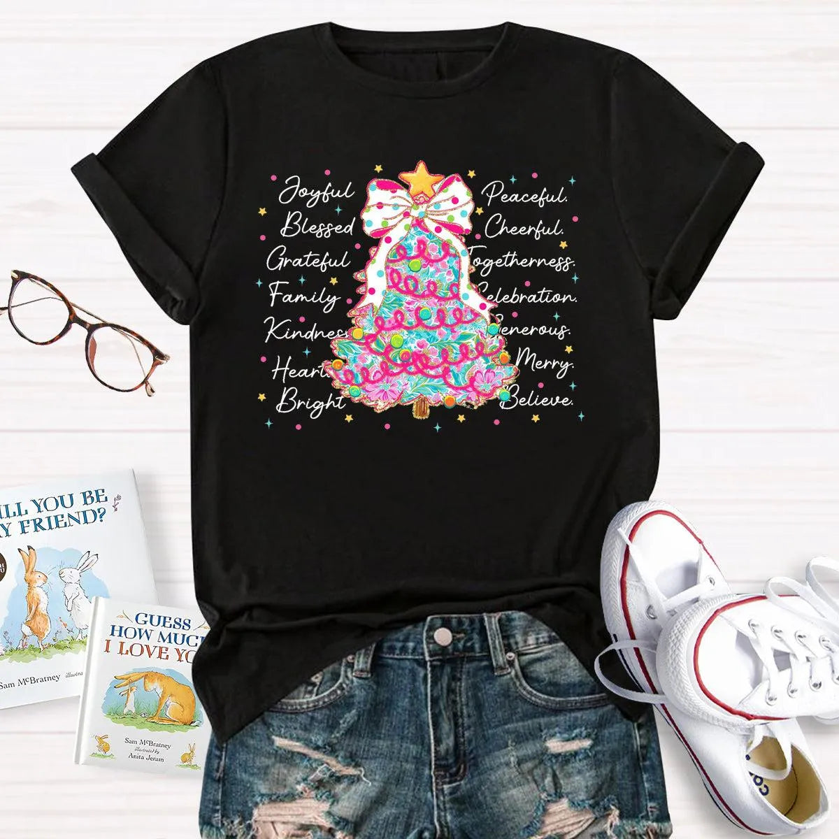 Aesthetic Holiday Graphic Tee, Joyful Peaceful Cheerful Christmas Tree T-Shirt, Retro Xmas Tree Shirt, Festive Winter Holiday