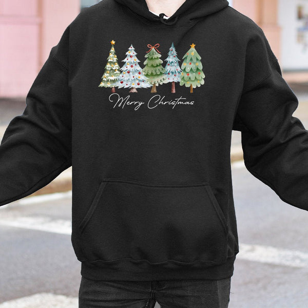 Watercolor Holiday Tree Graphic Sweatshirt, Merry Christmas Tree Hoodie, Festive Winter Season Hooded Pullover, Comfy Xmas Ap