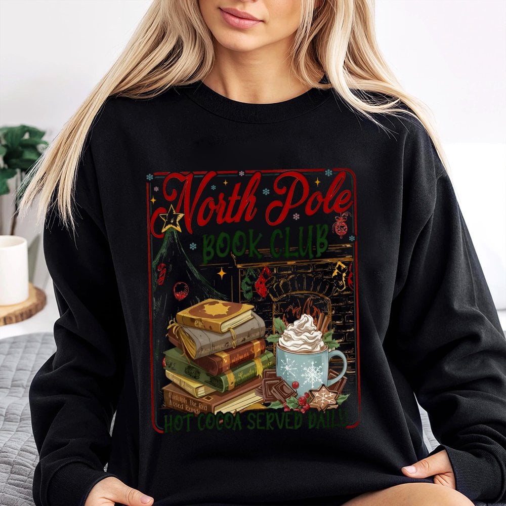 Comfy Christmas Reader Graphic Crewneck, North Pole Book Club Sweatshirt, Adorable Holiday Bookish Pullover, Xmas Book Lover 
