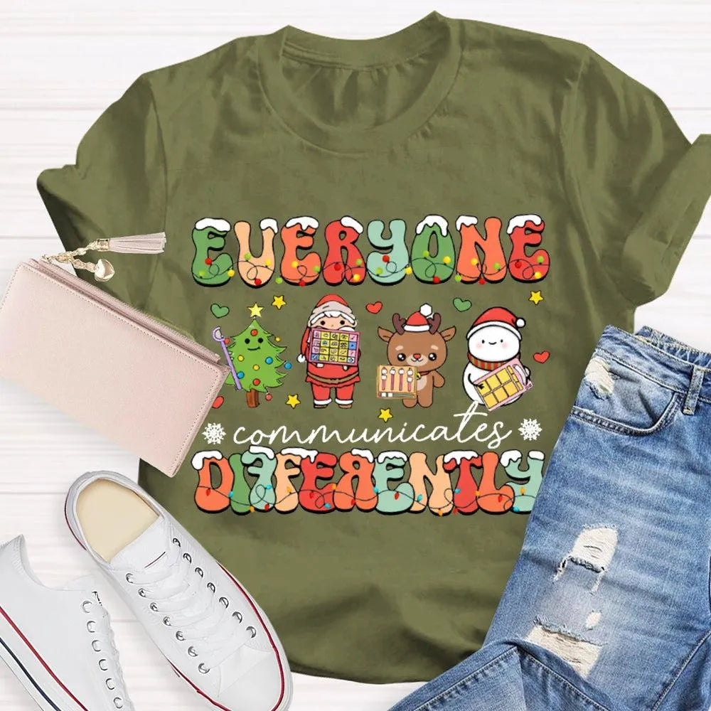 Festive Lights Neurodiversity Tee, Everyone Communicates Differently Christmas Shirt, SPED Teacher Holiday T-Shirt, ASL Xmas 