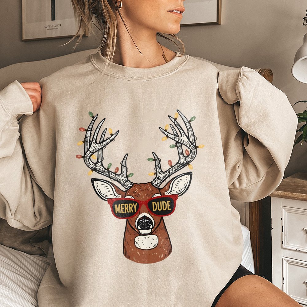 Humorous Christmas Deer Sweatshirt, Merry Dude Reindeer Sweatshirt, Holiday Hunting Crewneck, Retro Reindeer Sweater, Christm