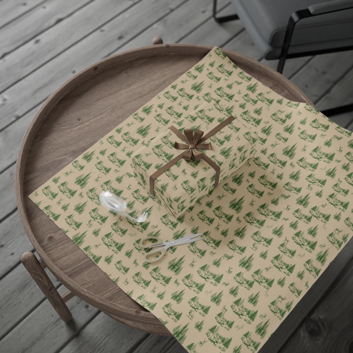 Deer Pine Tree Gift Wrap, Rustic Woodland Wrapping Paper, Forest Animal Christmas Present Paper, Nature Winter Wrapping Paper