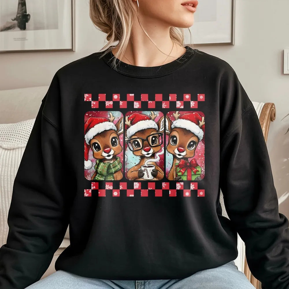 Checkered Holiday Reindeer Sweater, Retro Christmas Reindeer Sweatshirt, Adorable Xmas Crewneck, Festive Reindeer Pullover, T