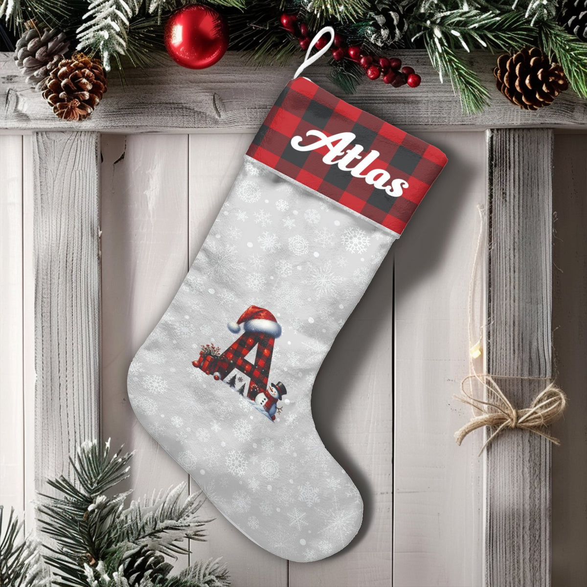 Custom Name Monogram Holiday Stocking, Personalized Buffalo Plaid Christmas Stocking, Rustic Plaid Xmas Stocking, Family Holi