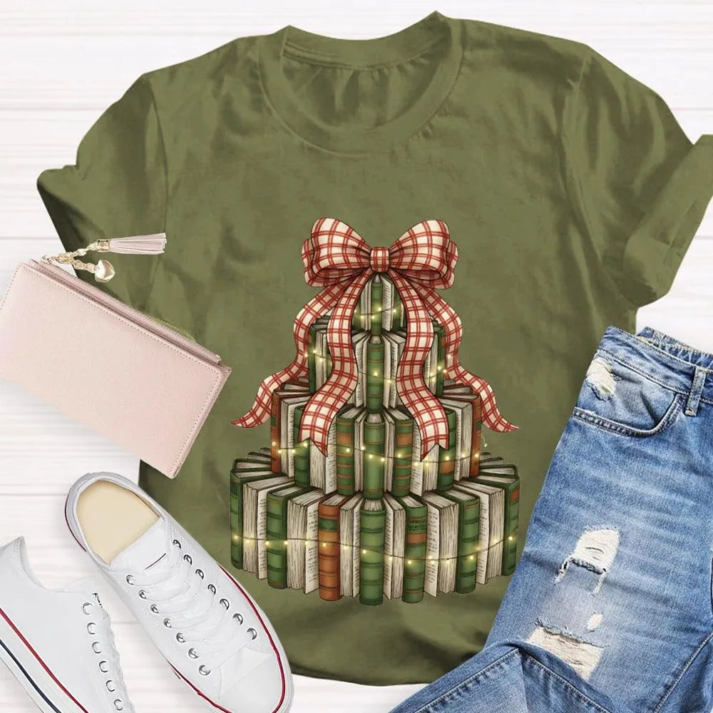 Bookworm Holiday Graphic Tee, Books Bows Lights Christmas Tree Shirt, Comfy Bookish Christmas T-Shirt, Reader Teacher Xmas Pr