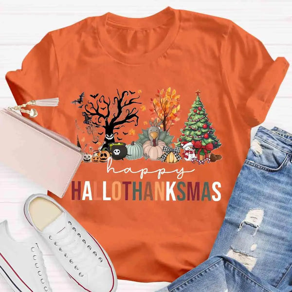 Halloween Fall Christmas Shirt, Hallothanksmas T-Shirt, Humorous Holiday Season Graphic Tee, Adorable Autumn Xmas T-Shirt, Pr