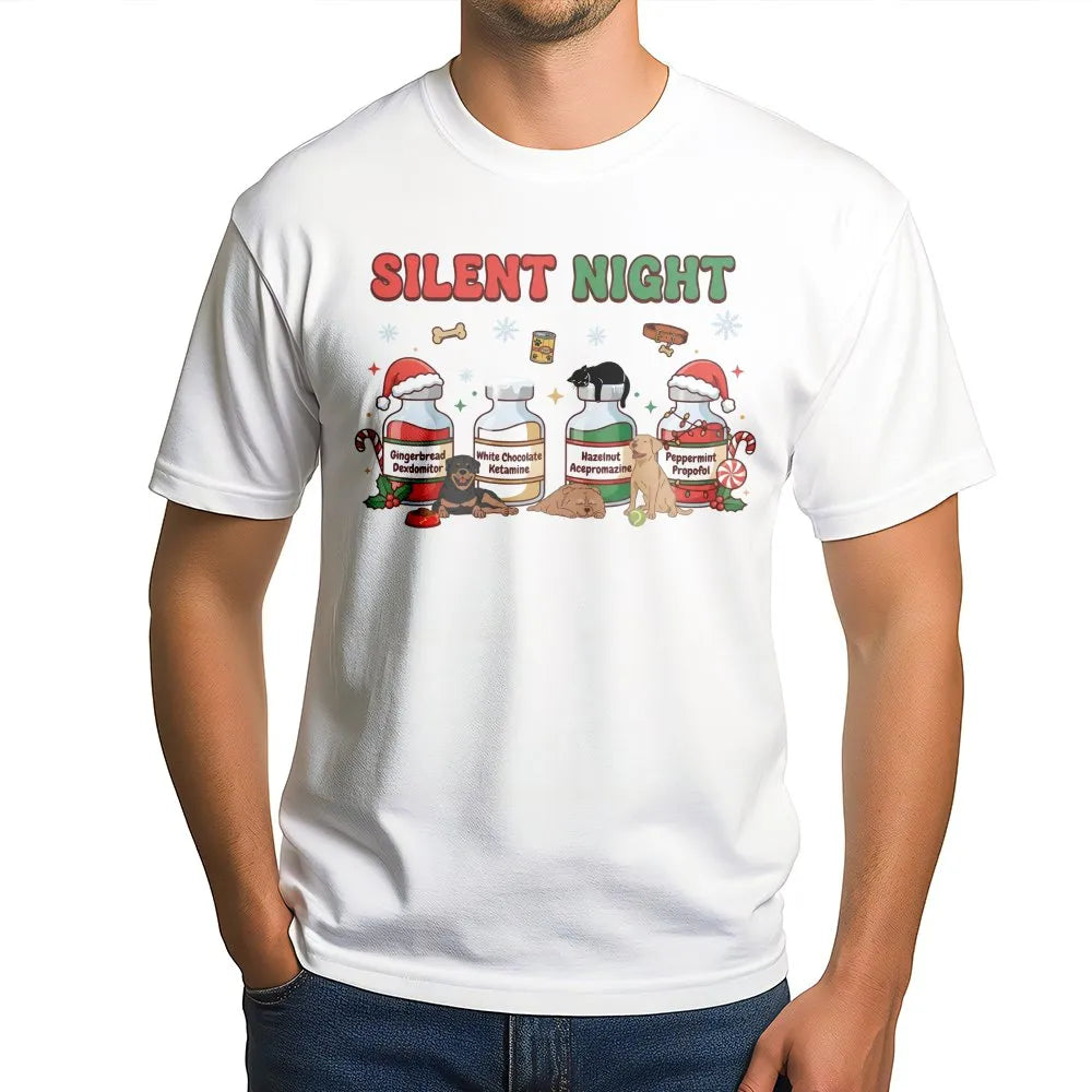 Humorous Veterinary Christmas T-Shirt, Silent Night Vet Med T-Shirt, Vet Tech Holiday Graphic Tee, Vet Student Xmas Shirt, Ve