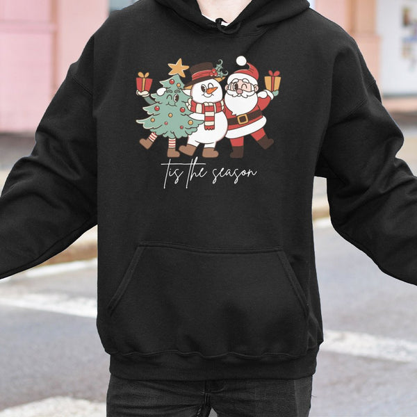 Adorable Santa Snowman Tree Hoodie, Tis the Season Christmas Hoodie, Festive Holiday Graphic Sweatshirt, Winter Xmas Pullover