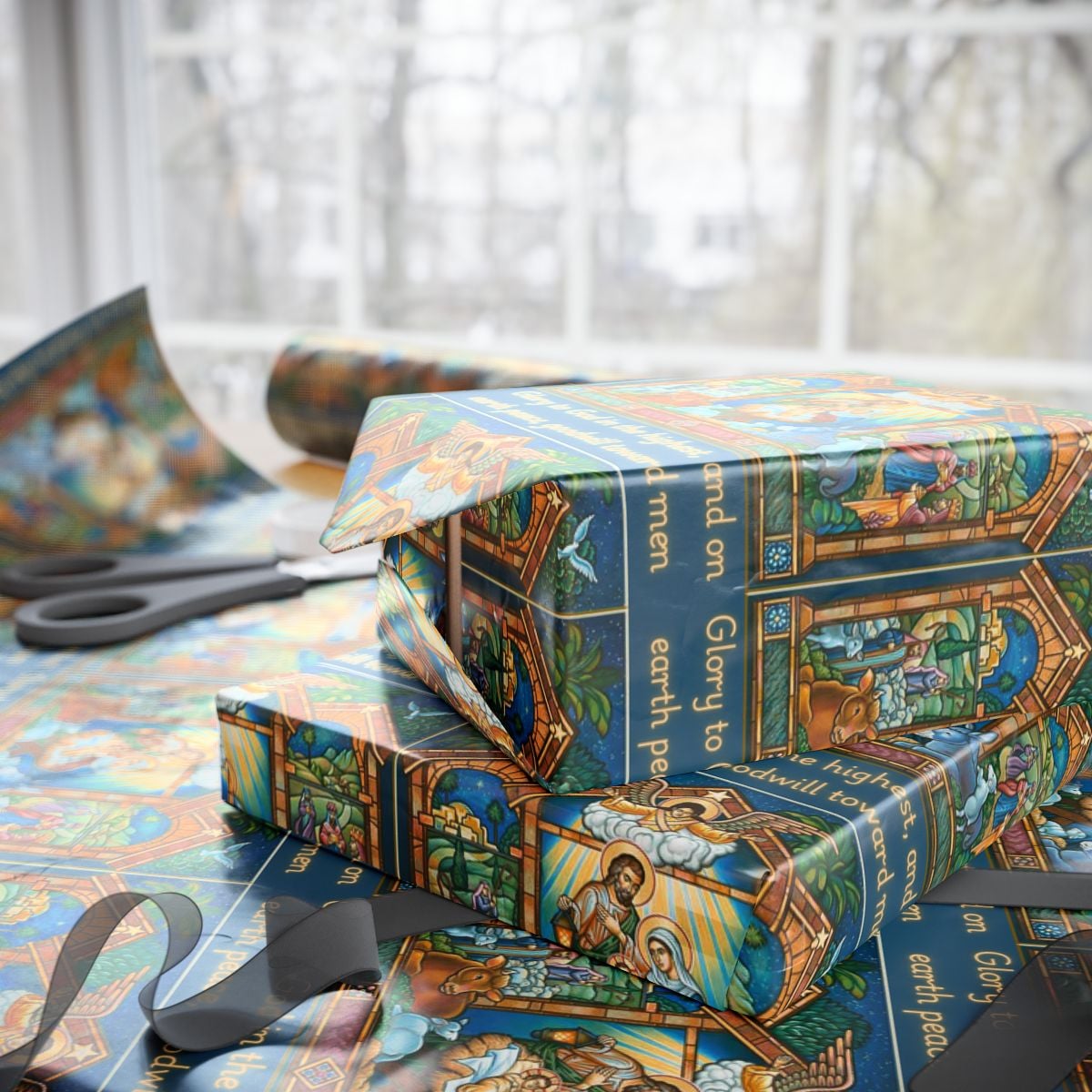 Stained Glass Christmas Gift Wrap, Nativity Scene Wrapping Paper, Holy Family Wrapping Paper, Religious Xmas Gift Wrap, Chris