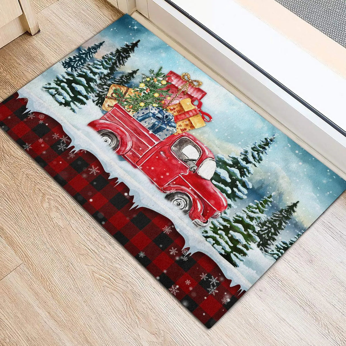 Buffalo Plaid Tartan Welcome Mat, Christmas Red Truck Doormat, Winter Christmas Entryway Mat, Farmhouse Christmas Floor Mat, 