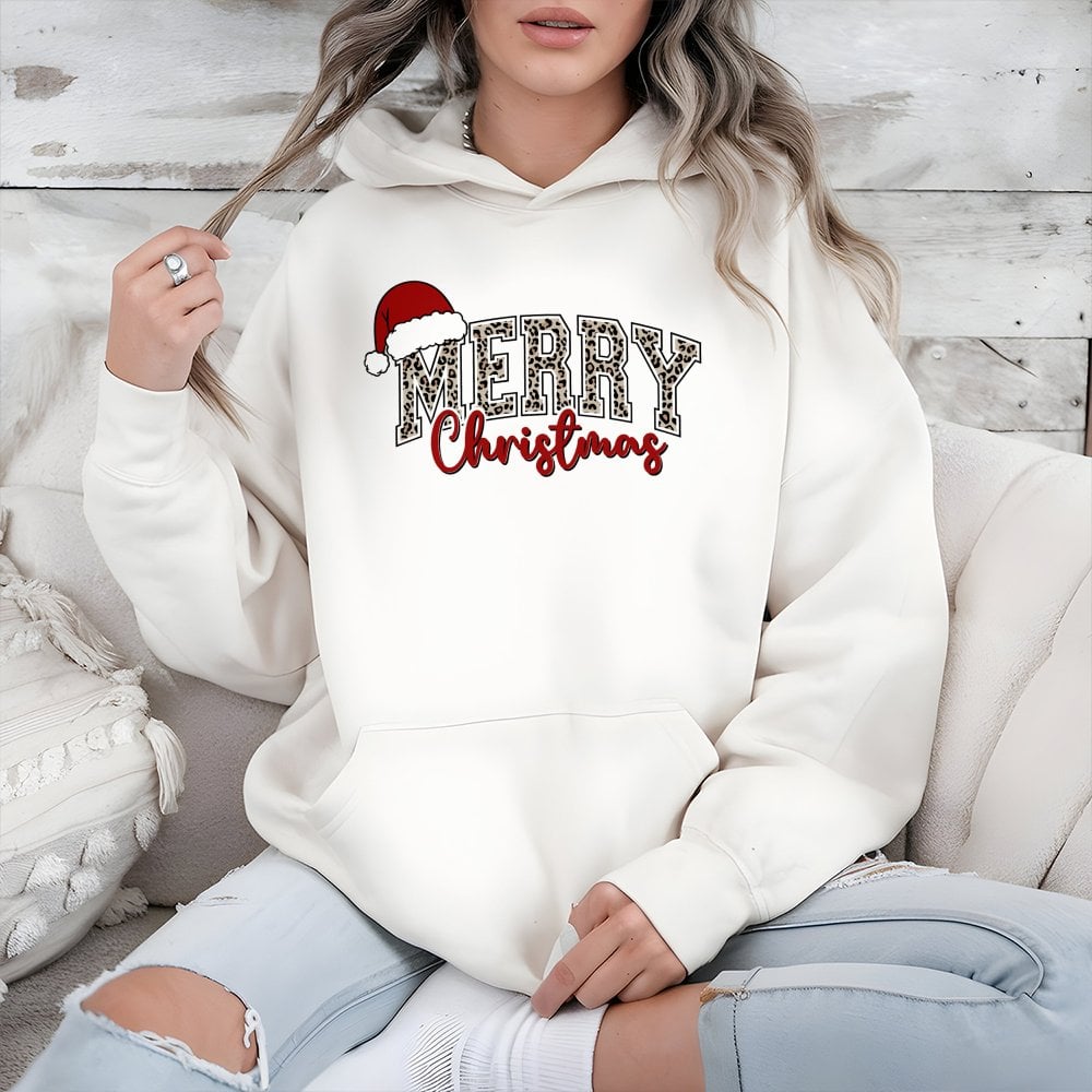 Leopard Print Santa Hat Sweatshirt, Merry Christmas Hoodie, Adorable Festive Holiday Hooded Pullover, Comfy Winter Xmas Seaso