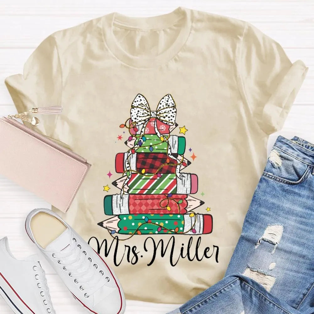 Colorful Crayons Bows Holiday Shirt, Personalized Christmas T-Shirt, Custom Name Kids Xmas Graphic Tee, Festive School Party 