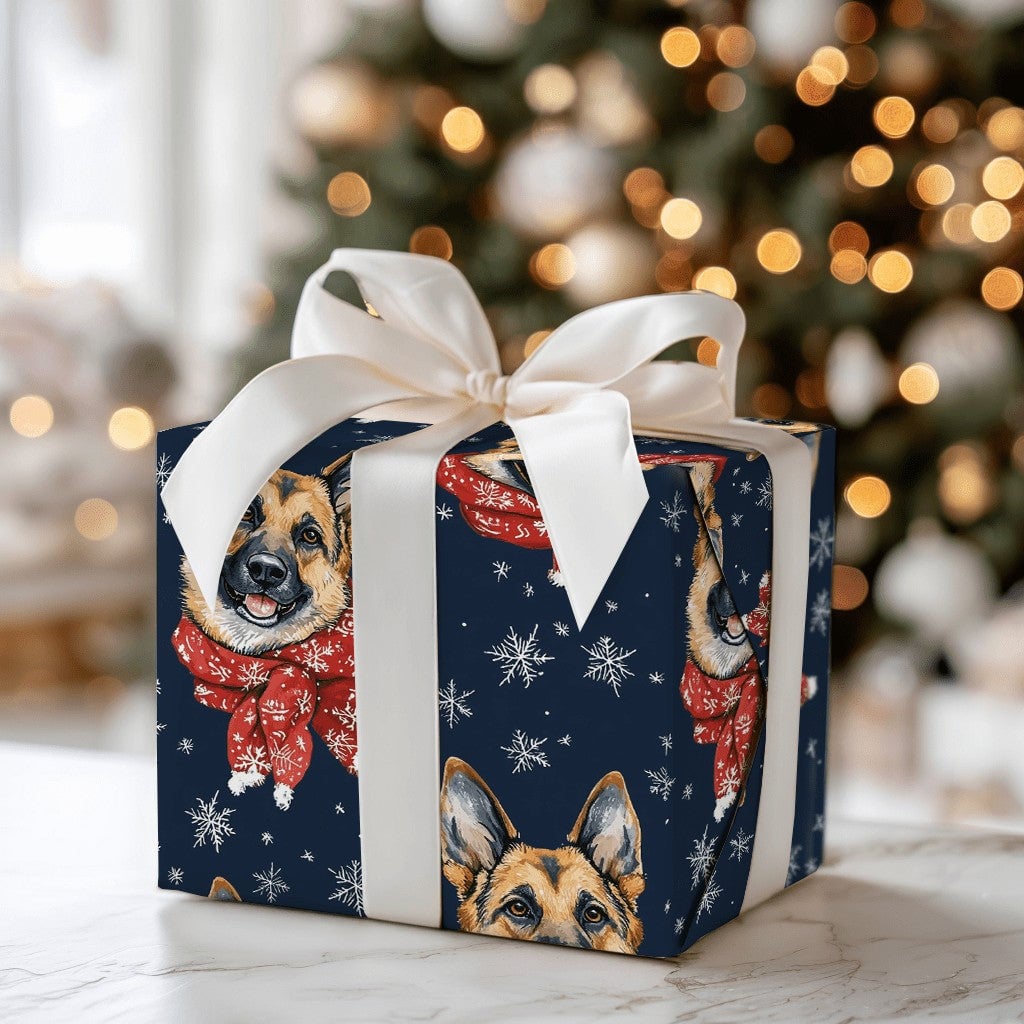 Winter Dog Gift Wrap, German Shepherd Christmas Wrapping Paper, Red Scarf Snowflake Wrapping Paper, Holiday Dog Lover Gift Wr
