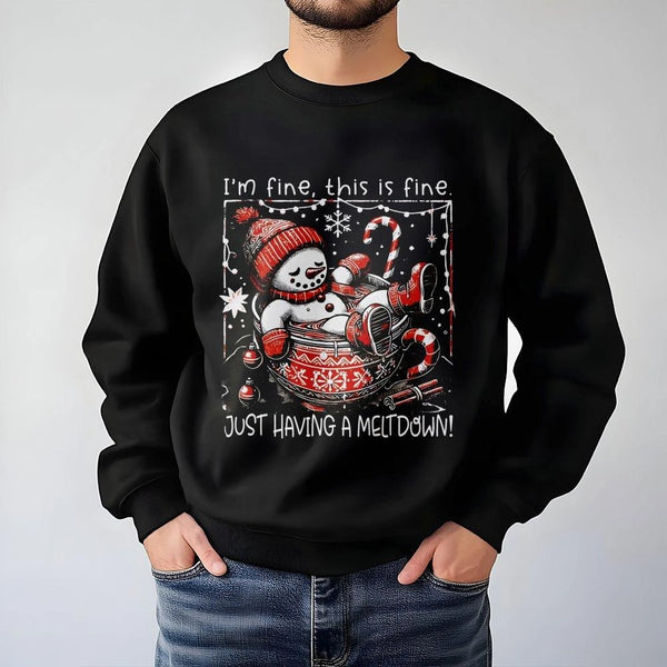 I'm Fine This Is Fine Sweatshirt, Humorous Snowman Meltdown Sweatshirt, Winter Holiday Crewneck Sweatshirt, Comfy Christmas P