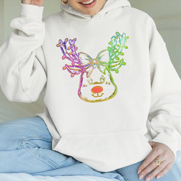 Neon Coquette Bow Sweatshirt, Adorable Reindeer Christmas Hoodie, Preppy Winter Reindeer Pullover, Festive Holiday Graphic Ho