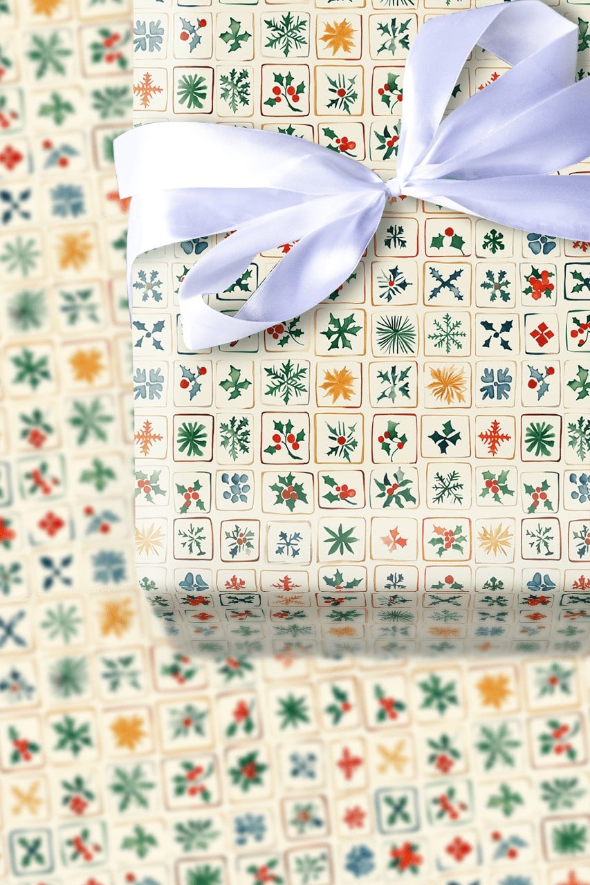 Snowflake and Holly Gift Wrap, Folk Art Christmas Wrapping Paper, Rustic Holiday Wrapping Paper, Traditional Winter Present G