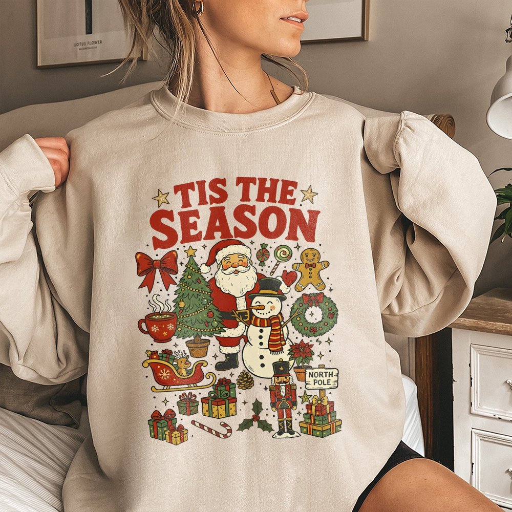 Vintage Santa and Snowman Sweatshirt, Tis the Season Christmas Sweatshirt, Retro Holiday Season Sweater, Nostalgic Xmas Crewn