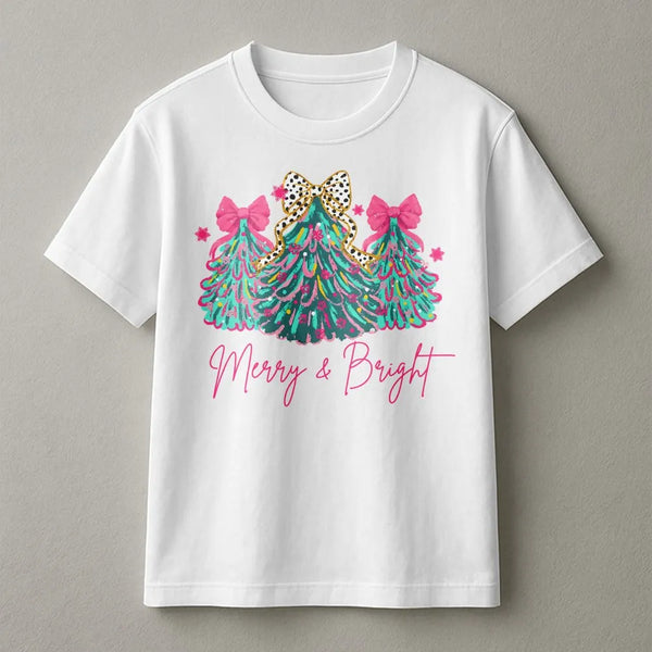 Leopard Bow Christmas Trees Tee, Merry and Bright Christmas Tree Shirt, Pink Christmas Holiday T-Shirt, Womens Xmas Graphic T