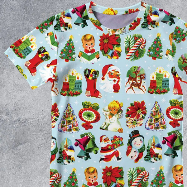 Vintage Holiday Character Graphic Tee, 60s Christmas Decorations All-Over Print T-Shirt, Retro Festive Xmas Shirt