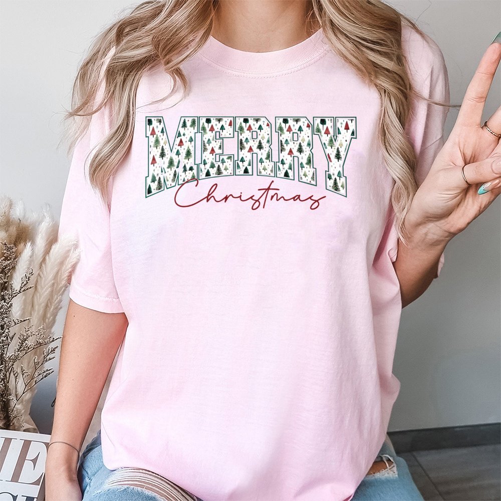 Vintage Pine Forest Holiday Shirt, Retro Varsity Christmas Tree T-Shirt, Merry Christmas Graphic Tee, Festive Winter Nature S