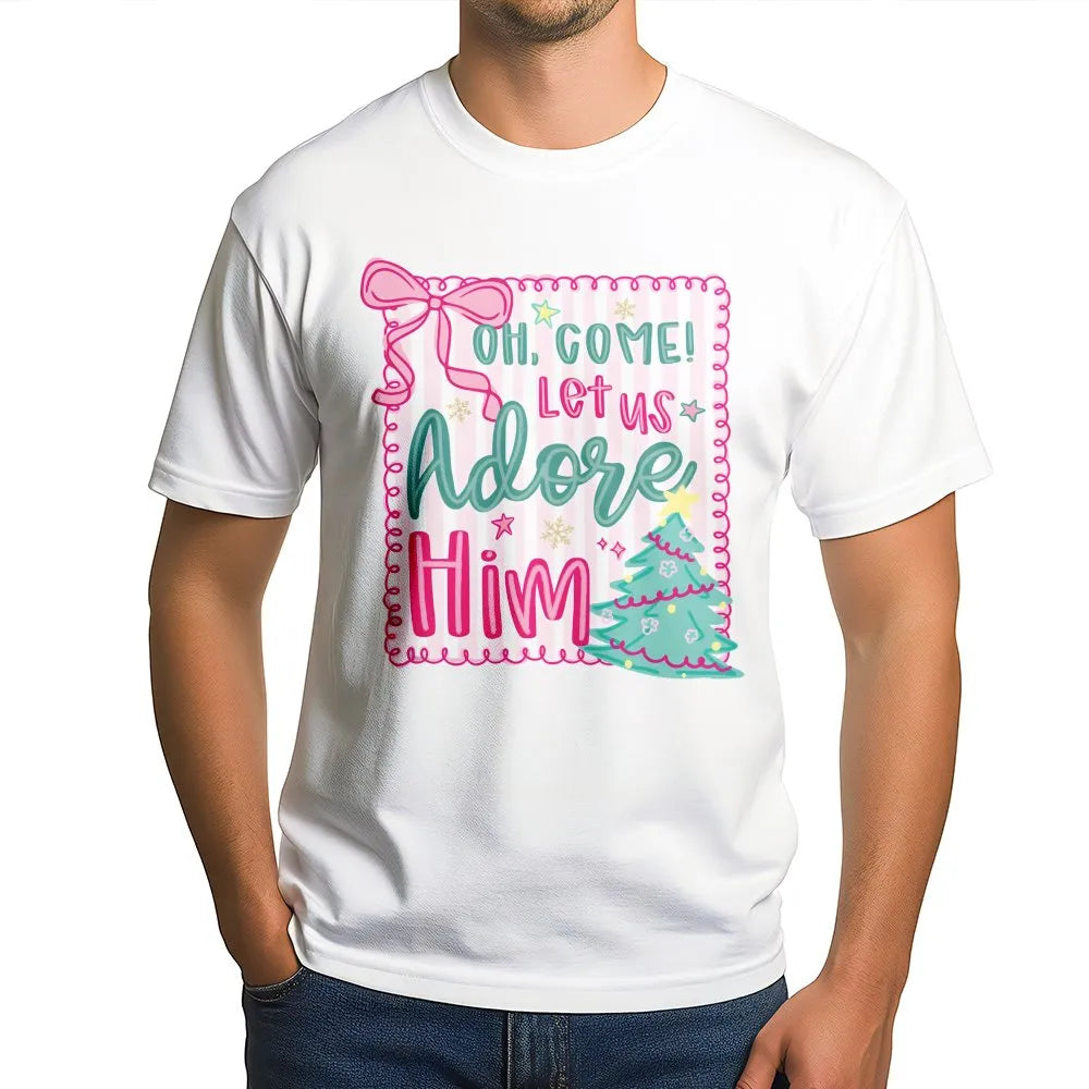 Pink Coquette Christmas Tree Tee, Oh Come Let Us Adore Him T-Shirt, Christian Holiday Graphic Shirt, Faith Aesthetic Scriptur