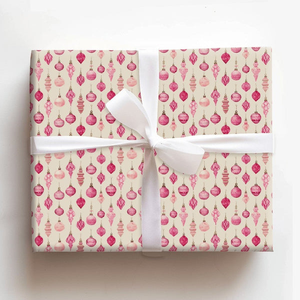 Watercolor Bauble Gift Wrap, Pink Christmas Ornament Wrapping Paper, Vintage Pink Holiday Wrapping Paper, Pastel Christmas Pa