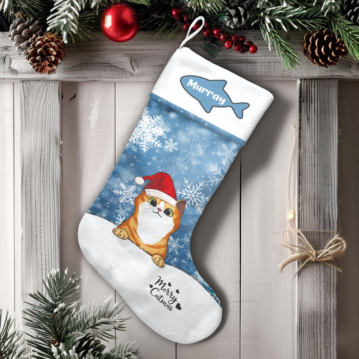Kitten Christmas Stocking, Santa Hat Cat Christmas Stocking, Pet Holiday Stocking, Adorable Winter Animal Mantel Decor, Prese