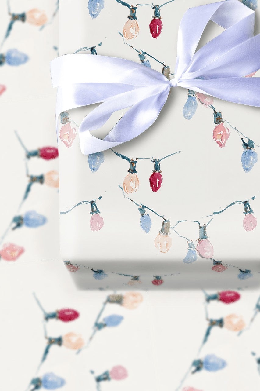 Pastel Holiday String Light Gift Wrap, Watercolor Christmas Lights Wrapping Paper, Festive Xmas Paper, Winter Present Wrappin