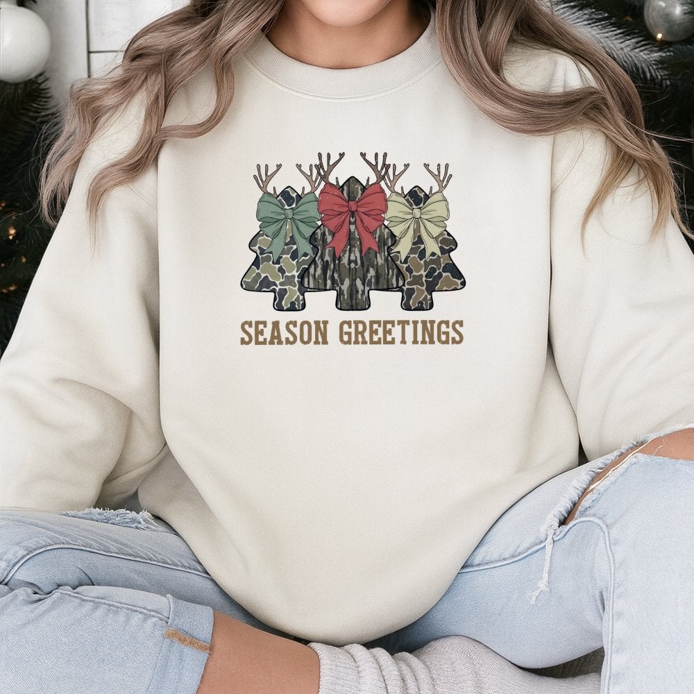 Coquette Bow Holiday Graphic Crewneck, Camo Christmas Tree Sweatshirt, Camouflage Xmas Tree Sweater