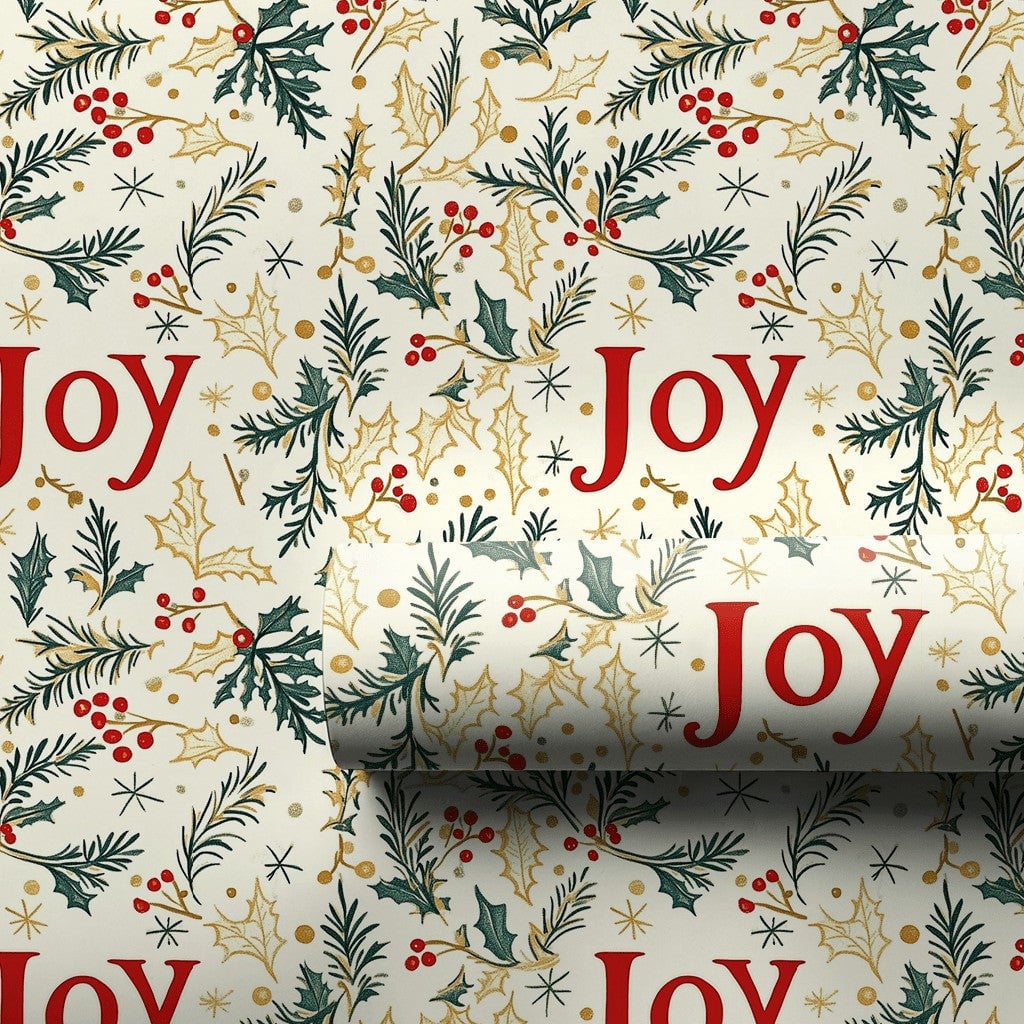 Evergreen Foliage Gift Wrap, Joy Holly Berry Christmas Wrapping Paper, Botanical Holiday Wrapping Paper, Elegant Winter Gift 