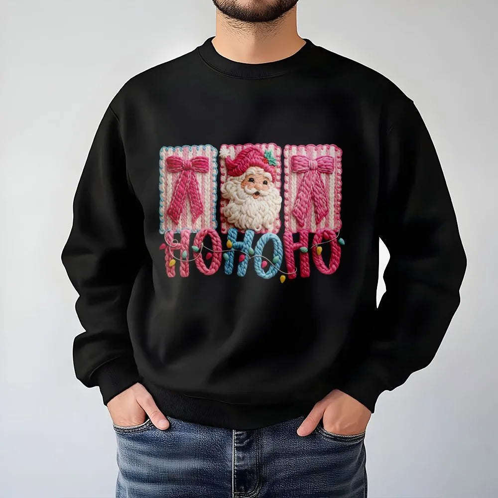 Faux Yarn Crochet Effect Crewneck, Santa Claus Christmas Sweatshirt, Retro Holiday Graphic Sweater, Comfy Winter Xmas Apparel