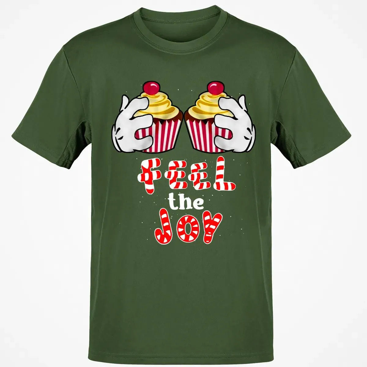 Adorable Cartoon Cupcake Graphic Tee, Feel the Joy Christmas Shirt, Holiday Sweets T-Shirt, Festive Winter Shirt, Dessert Lov