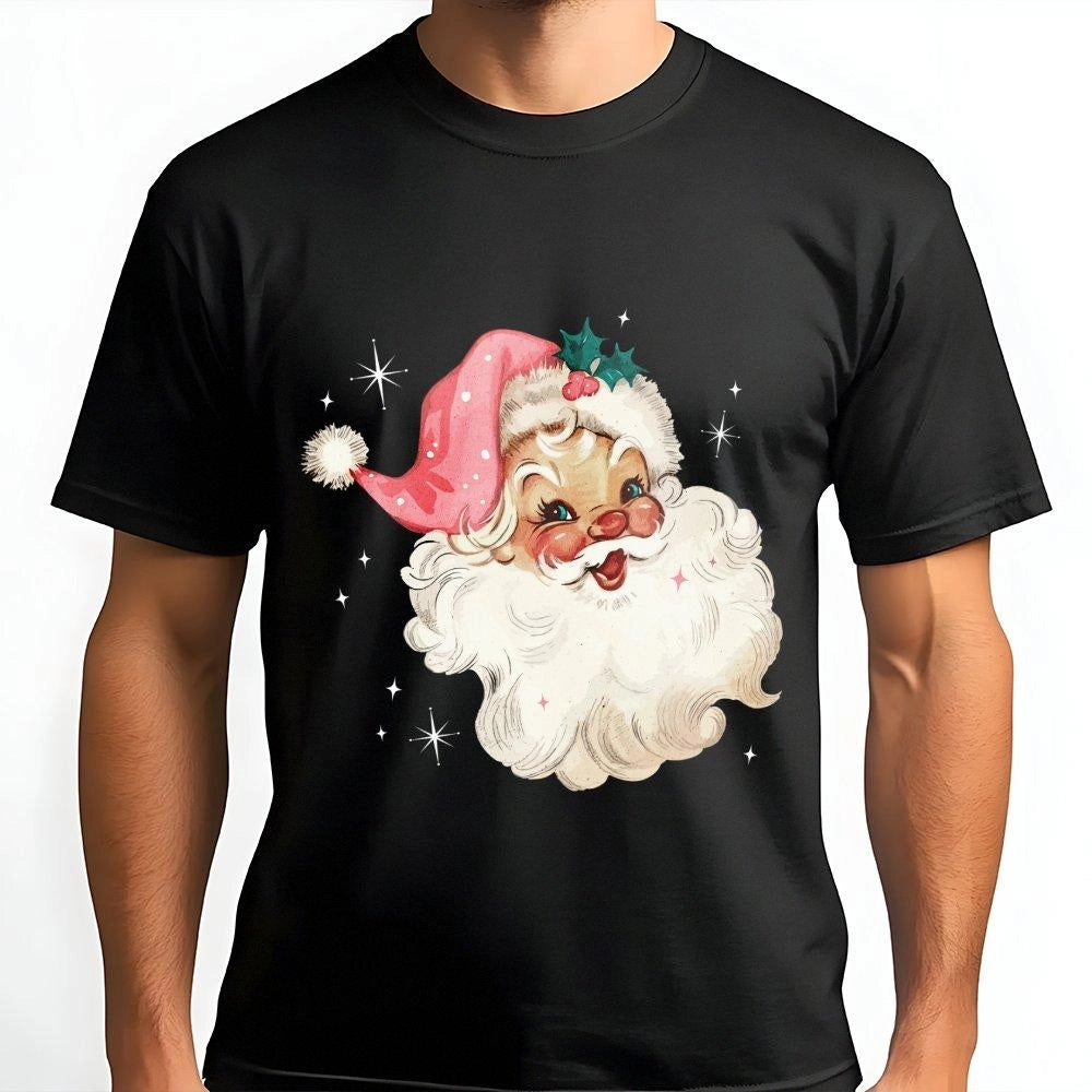 Pink Hat Vintage Christmas T-Shirt, Retro Santa T-Shirt, Festive Holiday Graphic Shirt, Adorable Xmas Santa Tee, Holiday Seas