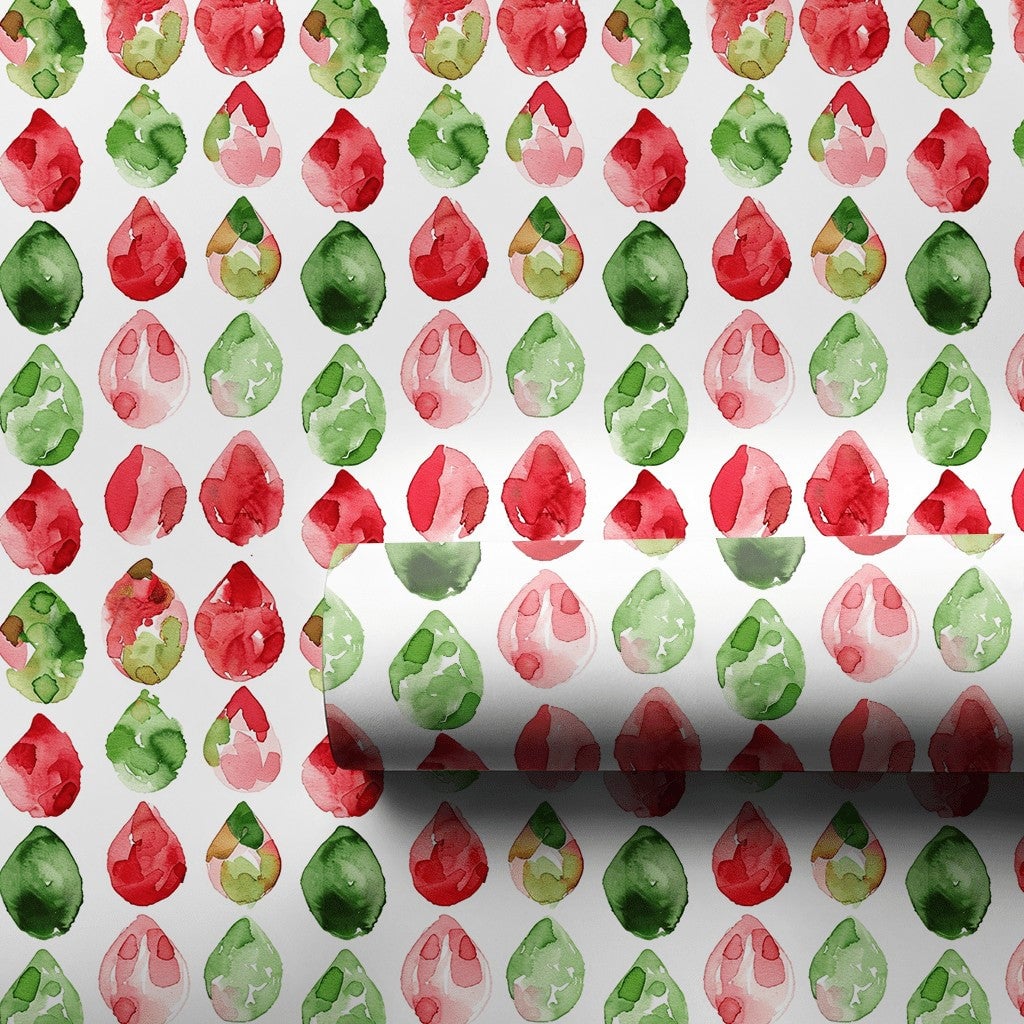 Red and Green Christmas Gift Wrap, Watercolor Gem Teardrop Wrapping Paper, Retro Holiday Teardrop Wrapping Paper, Festive Gif