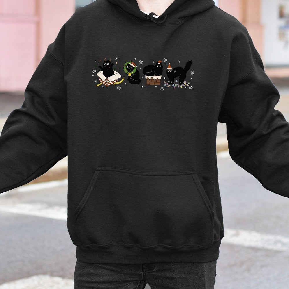 Festive Holiday Kitten Hooded Sweatshirt, Christmas Black Cat Hoodie, Adorable Winter Black Cat Sweater, Comfy Christmas Cat 