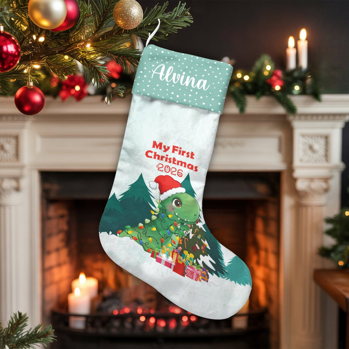 Baby First Christmas Stocking, Personalized Dinosaur Christmas Stocking, Custom Dino Holiday Stocking, Adorable Baby Keepsake