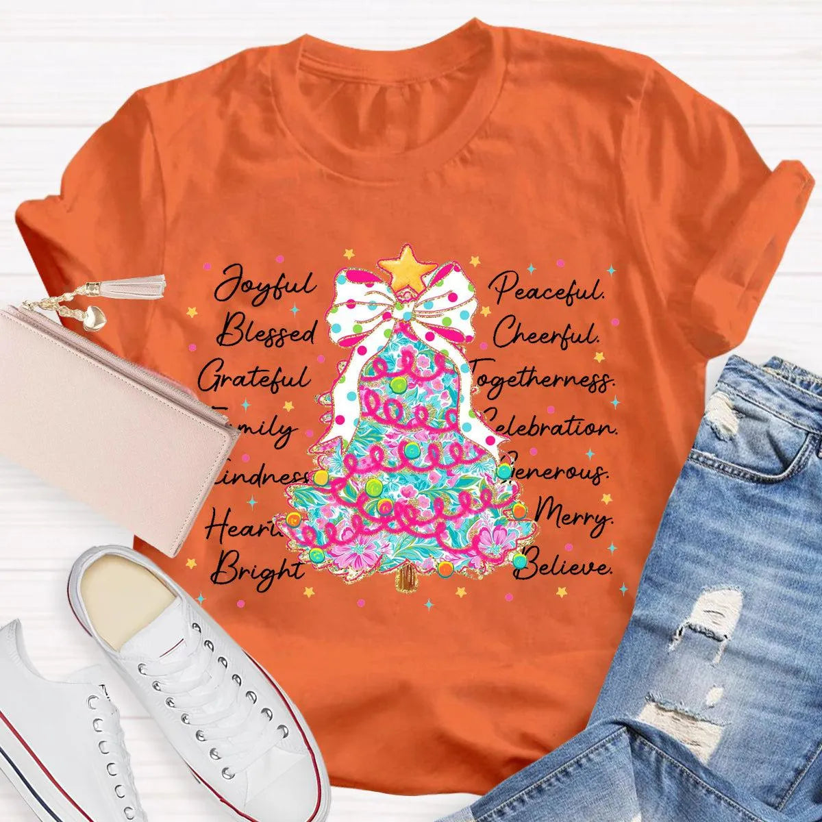 Aesthetic Holiday Graphic Tee, Joyful Peaceful Cheerful Christmas Tree T-Shirt, Retro Xmas Tree Shirt, Festive Winter Holiday