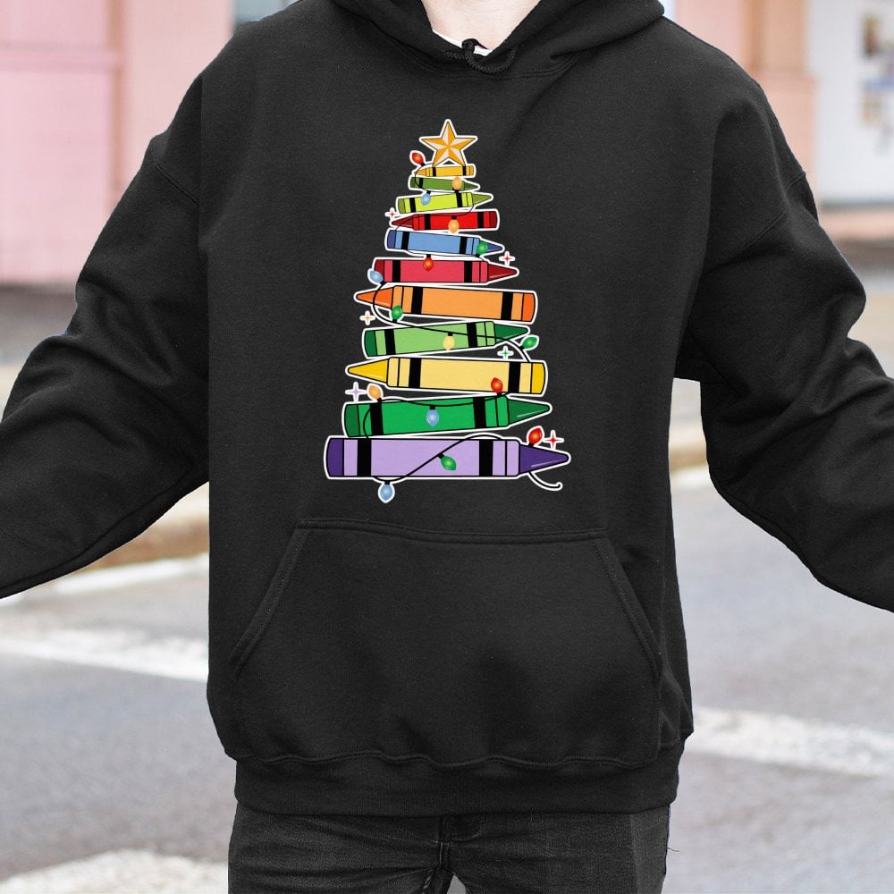 Teacher Holiday Crayon Sweatshirt, Christmas Crayon Tree Hoodie, Elementary School Educator Pullover, Adorable Festive Winter