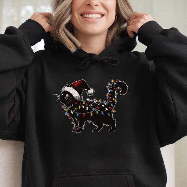 Festive Holiday String Lights Sweatshirt, Black Cat Christmas Hoodie, Adorable Spooky Cat Lover Xmas Pullover Hoodie, Humorou